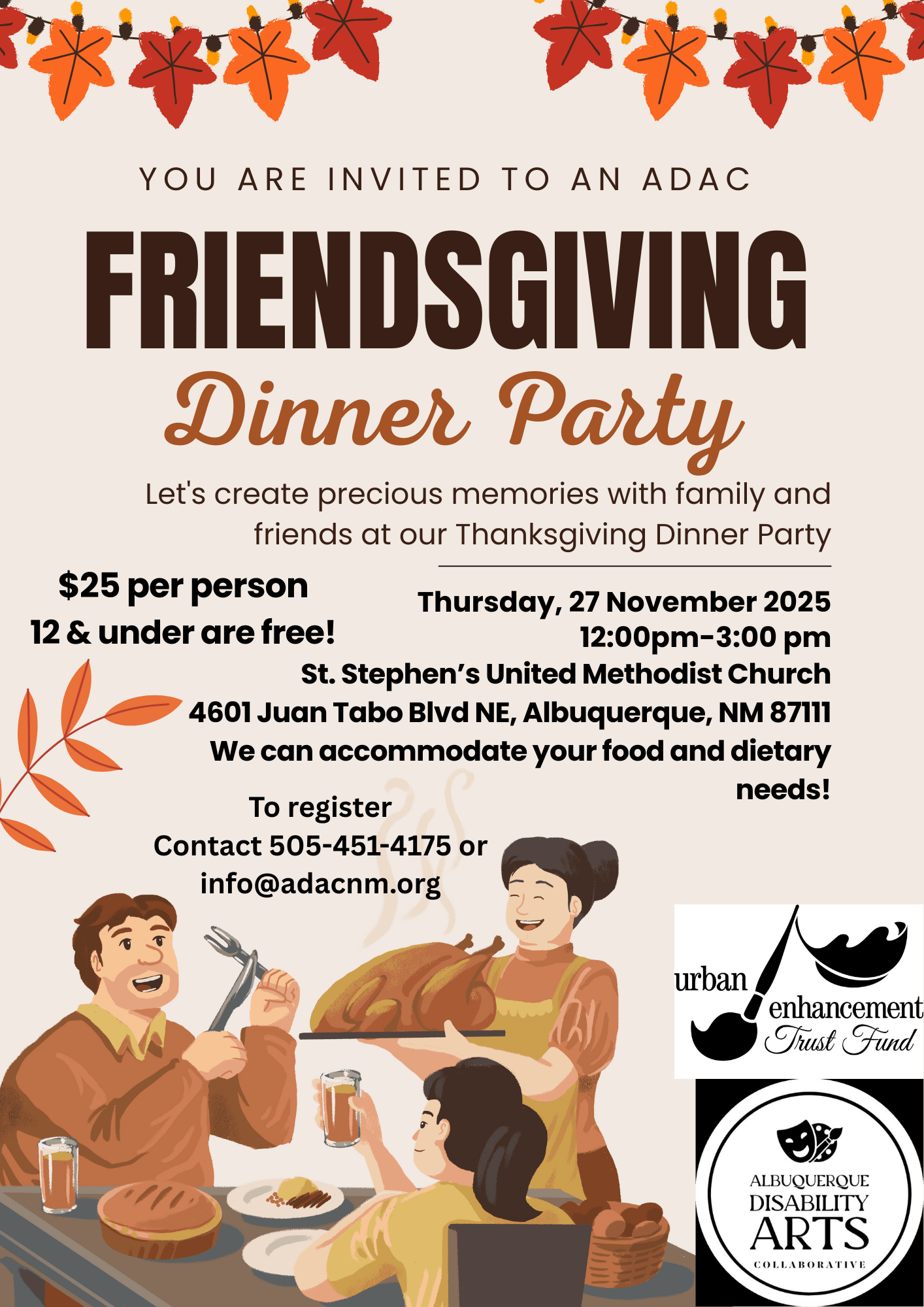 This is a warm and festive promotional flyer for a Friendsgiving Dinner Party hosted by the Albuquerque Disability Arts Collaborative (ADAC). The design features autumnal elements like hanging orange leaf garlands and a light cream background.