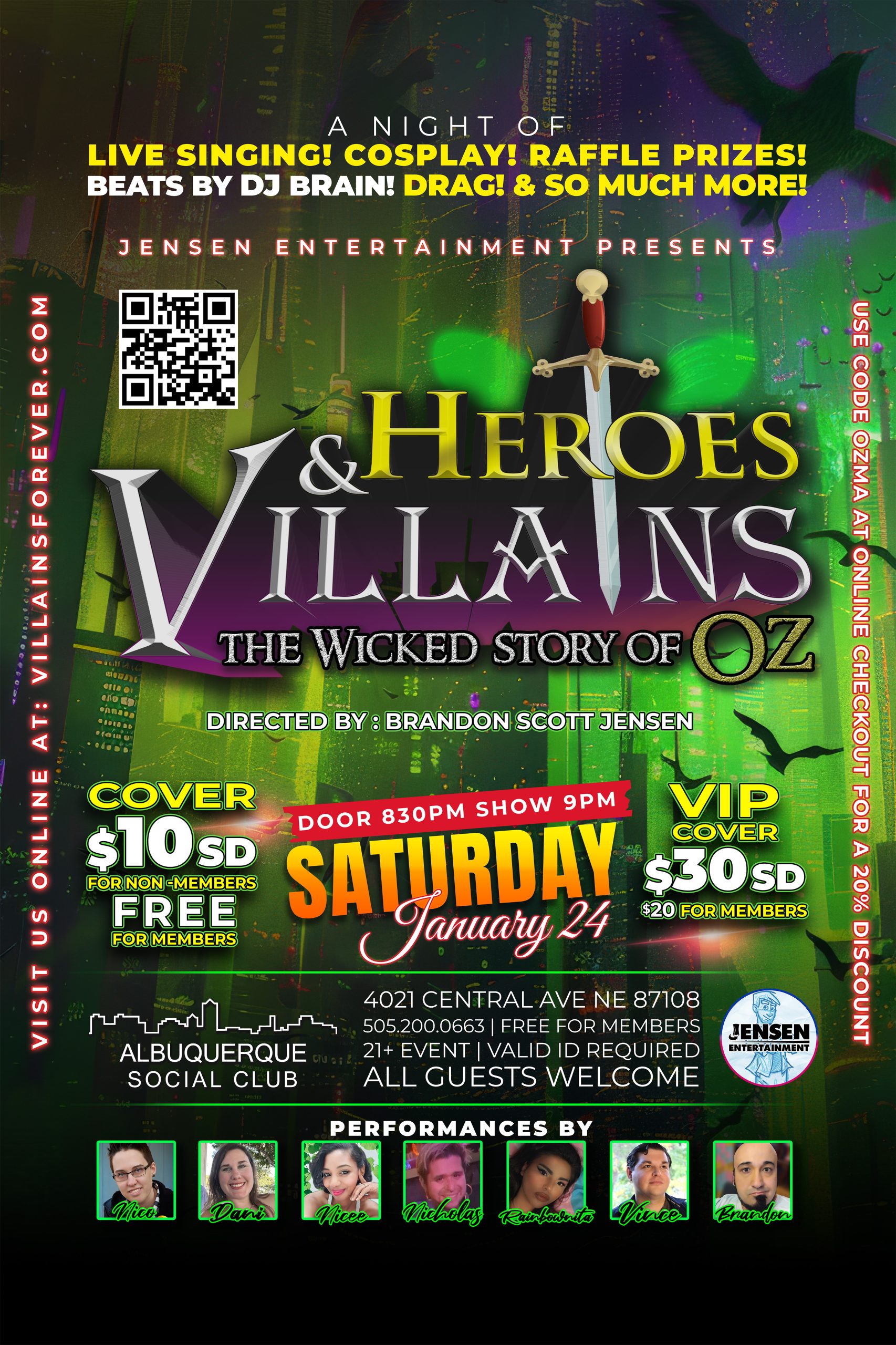 This promotional flyer advertises "Heroes & Villains: The Wicked Story of Oz," an event presented by Jensen Entertainment. The design features a dark, emerald-green cityscape background with flying monkey silhouettes, evoking a moody Wizard of Oz theme.