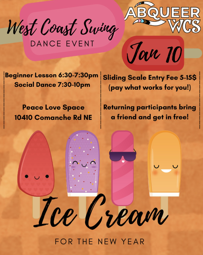 A playful, colorful promotional flyer for a West Coast Swing Dance Event titled "Ice Cream FOR THE NEW YEAR," hosted by ABQUEER WCS. The flyer features a warm orange-textured background with bold text and cute illustrations.