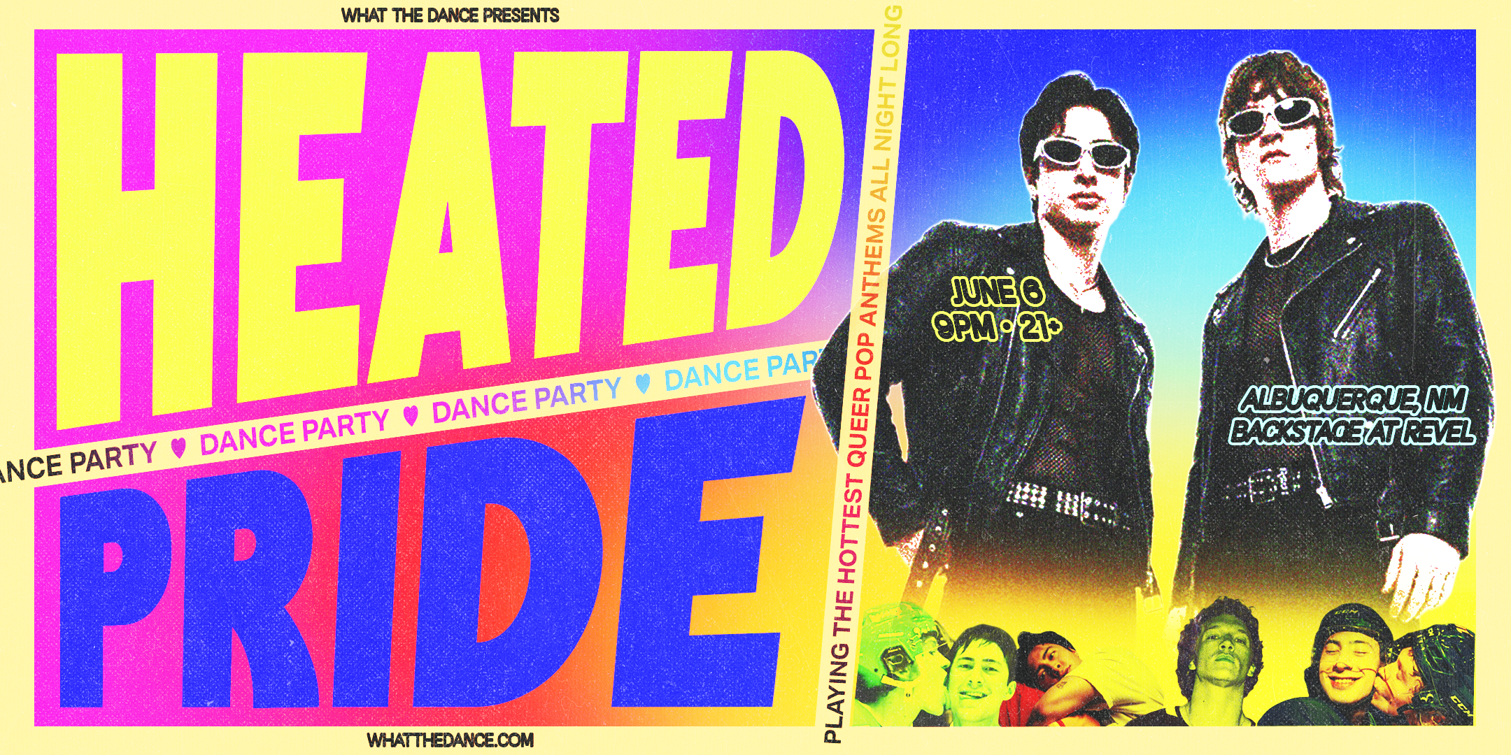 Bright neon poster advertising a Heated Pride dance party with two people in leather jackets against a blue and yellow gradient background.
