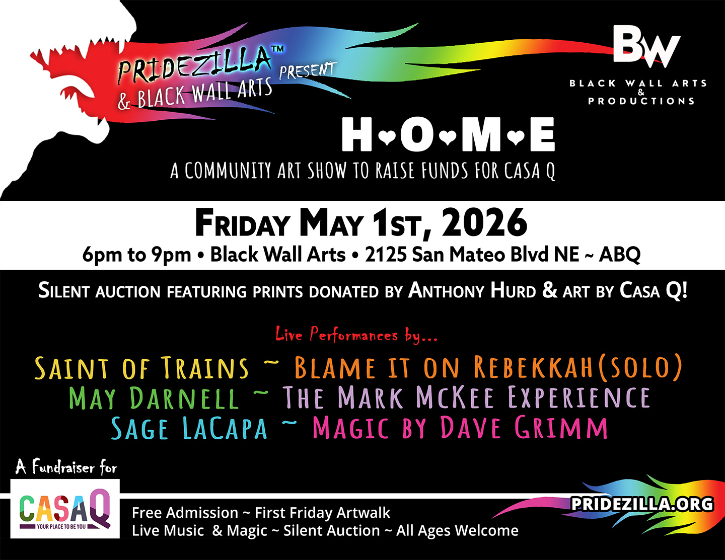 Colorful Pridezilla and Black Wall Arts banner promoting community art show fundraiser for Casa Q on May 1, 2026, in Albuquerque.