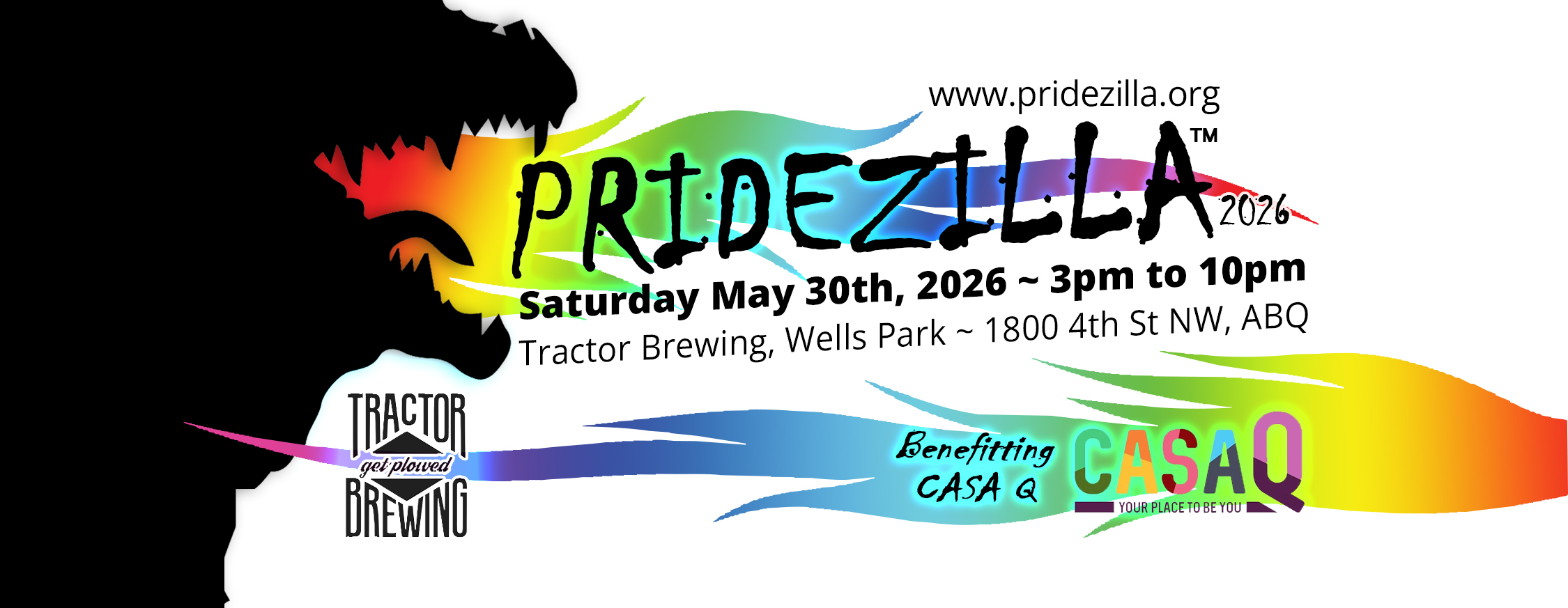 Colorful Pridezilla 2026 event banner with a dinosaur silhouette and rainbow gradient, promoting May 30th celebration at Tractor Brewing in Albuquerque.