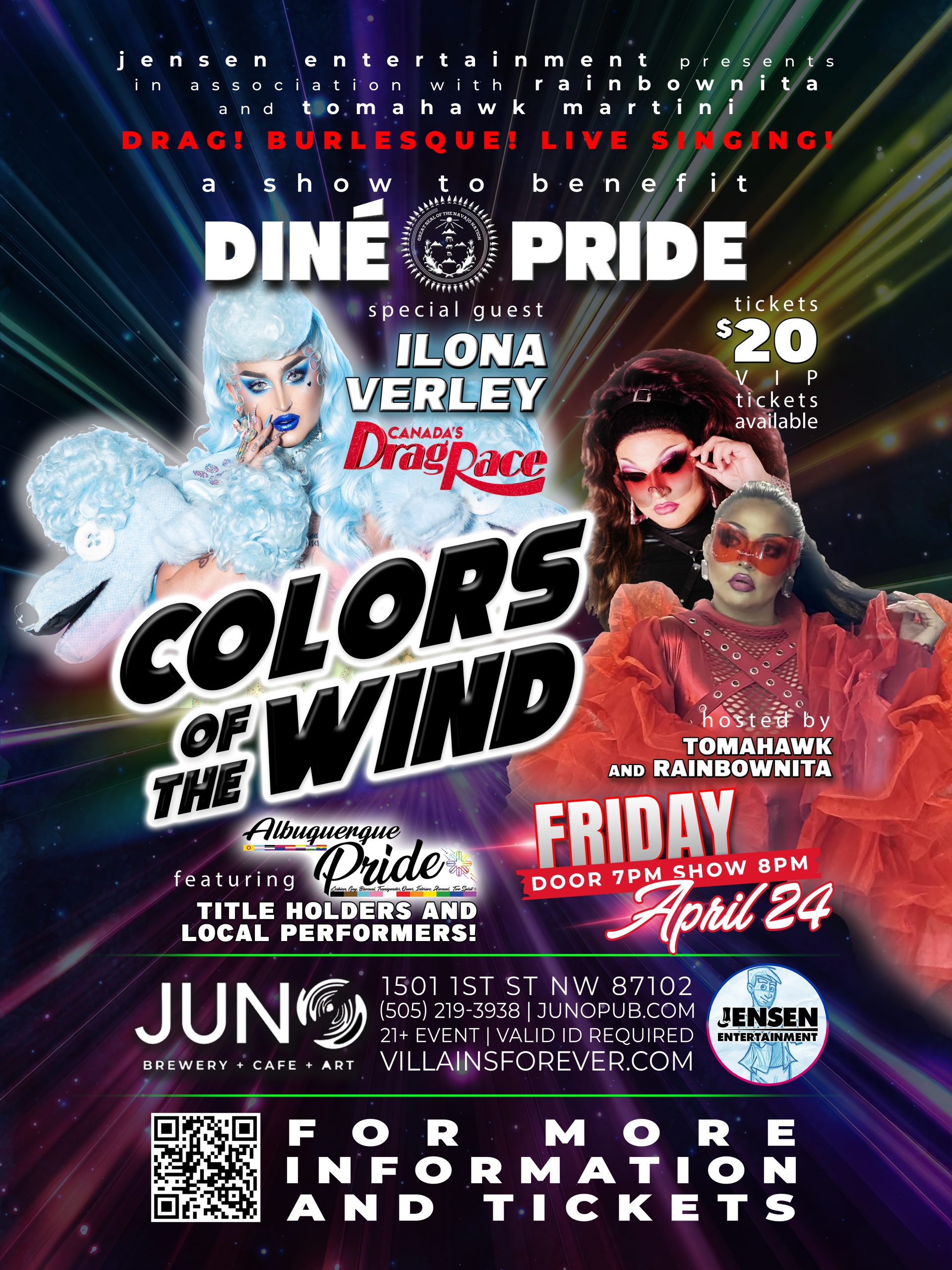 Poster for Colors of the Wind drag burlesque show benefiting Diné Pride, featuring Ilona Verley and hosted by Tomahawk and Rainbownita in Albuquerque.
