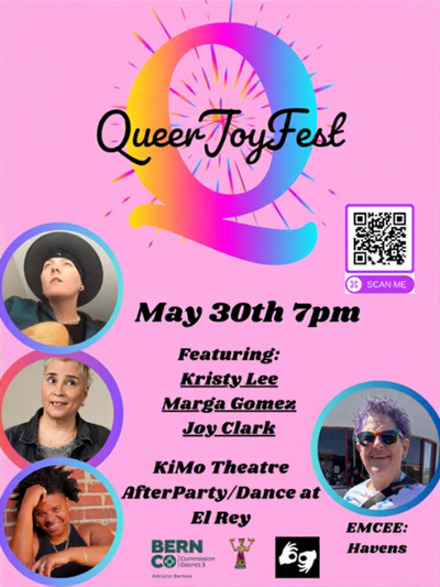 Colorful QueerJoyFest logo on pink background with event details and performer photos for May 30th at 7pm.