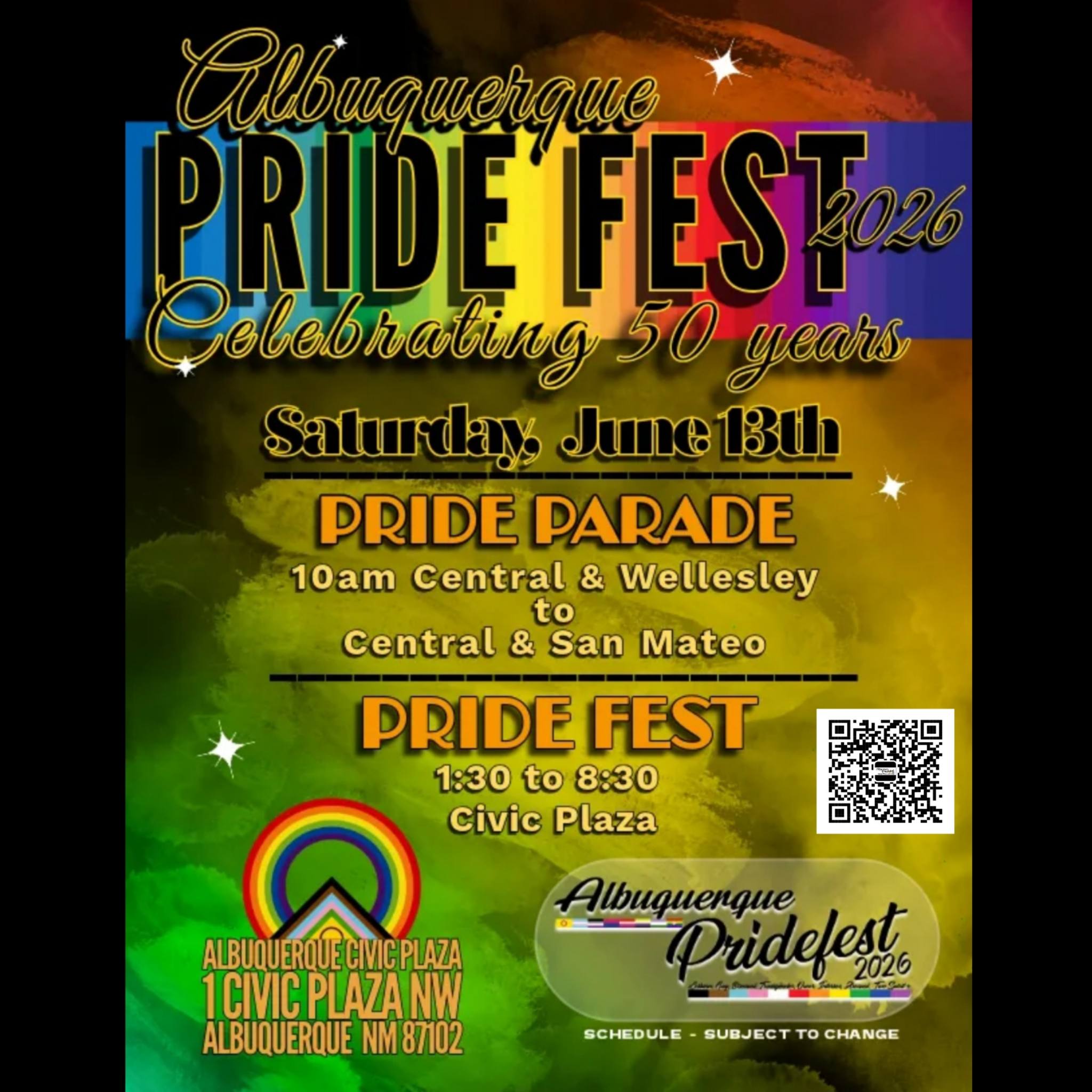 Colorful poster for Albuquerque Pride Fest 2026 celebrating 50 years with parade and festival details on June 13th.