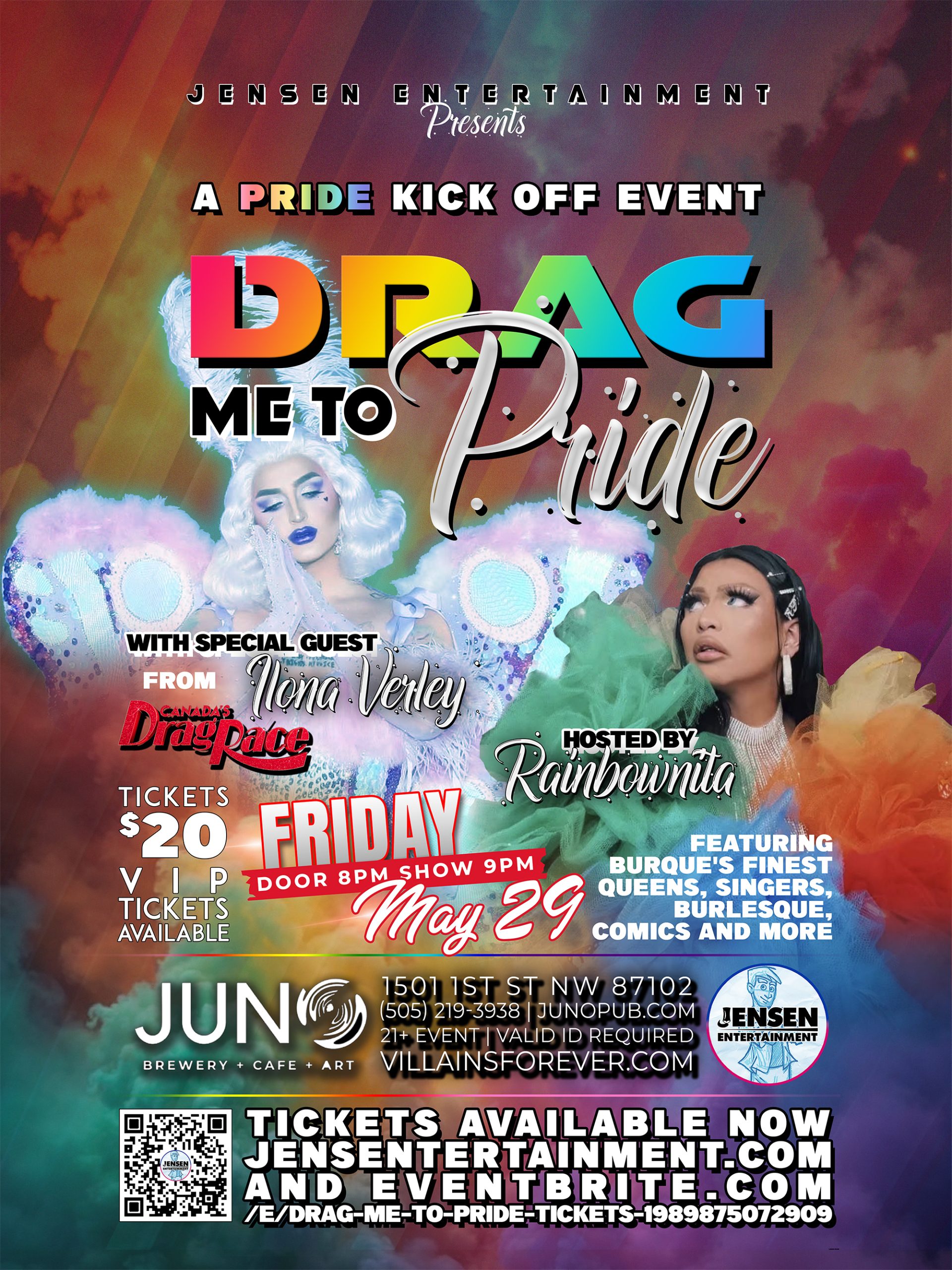 Colorful poster for 'Drag Me to Pride' event featuring special guest Ilona Verley and host Rainbowwilla, happening May 29 at JUNO in Denver.