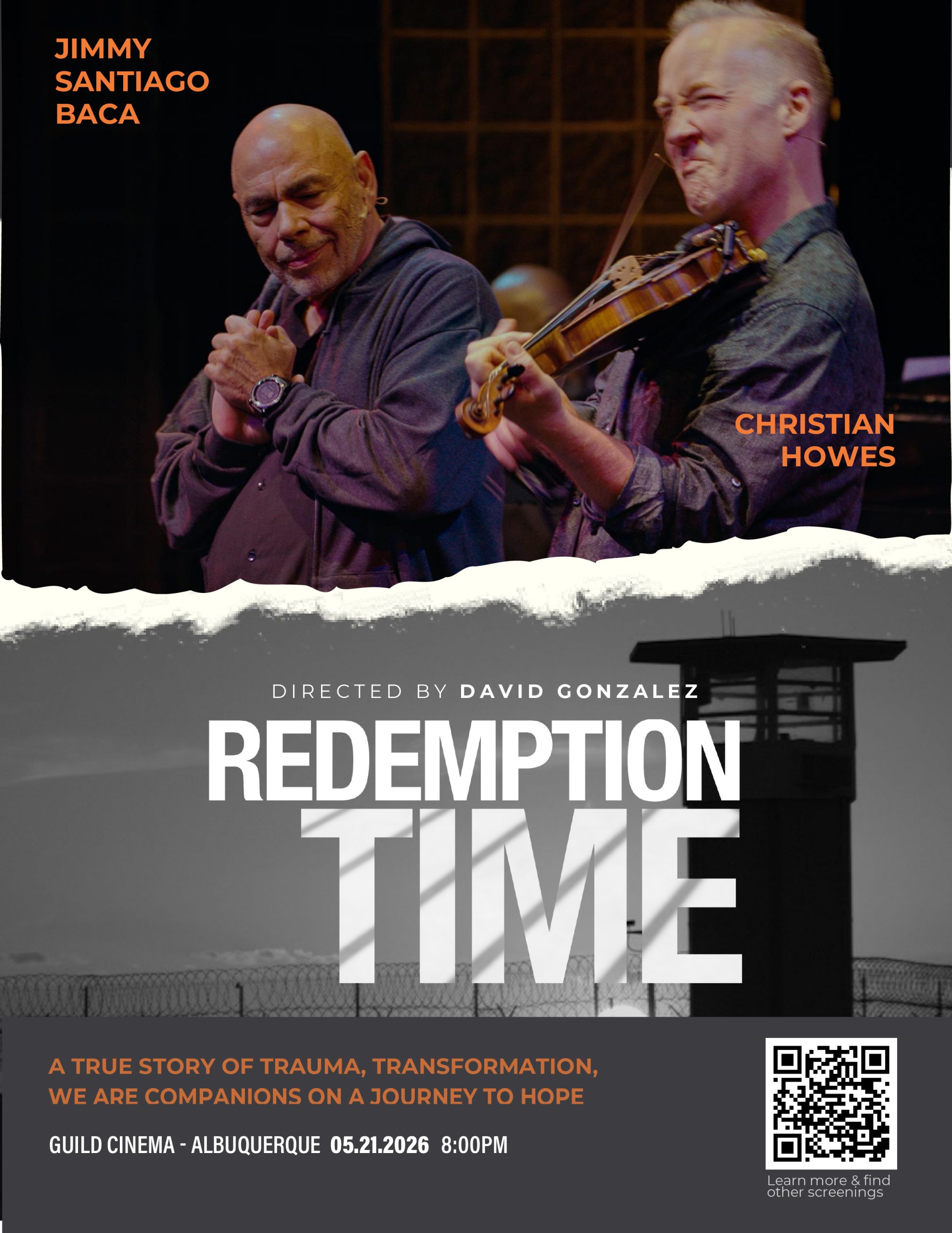 Two musicians performing on stage, one playing violin and the other clasping hands, promoting the film Redemption Time directed by David Gonzalez.