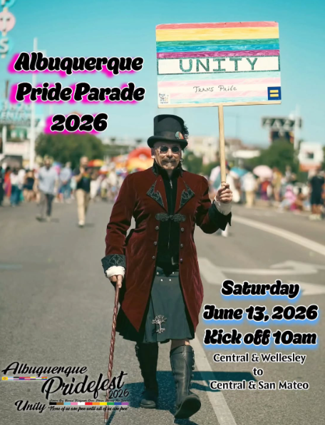Person in a burgundy coat and kilt holding a rainbow-striped sign reading UNITY and Trans Pride at Albuquerque Pride Parade 2026.