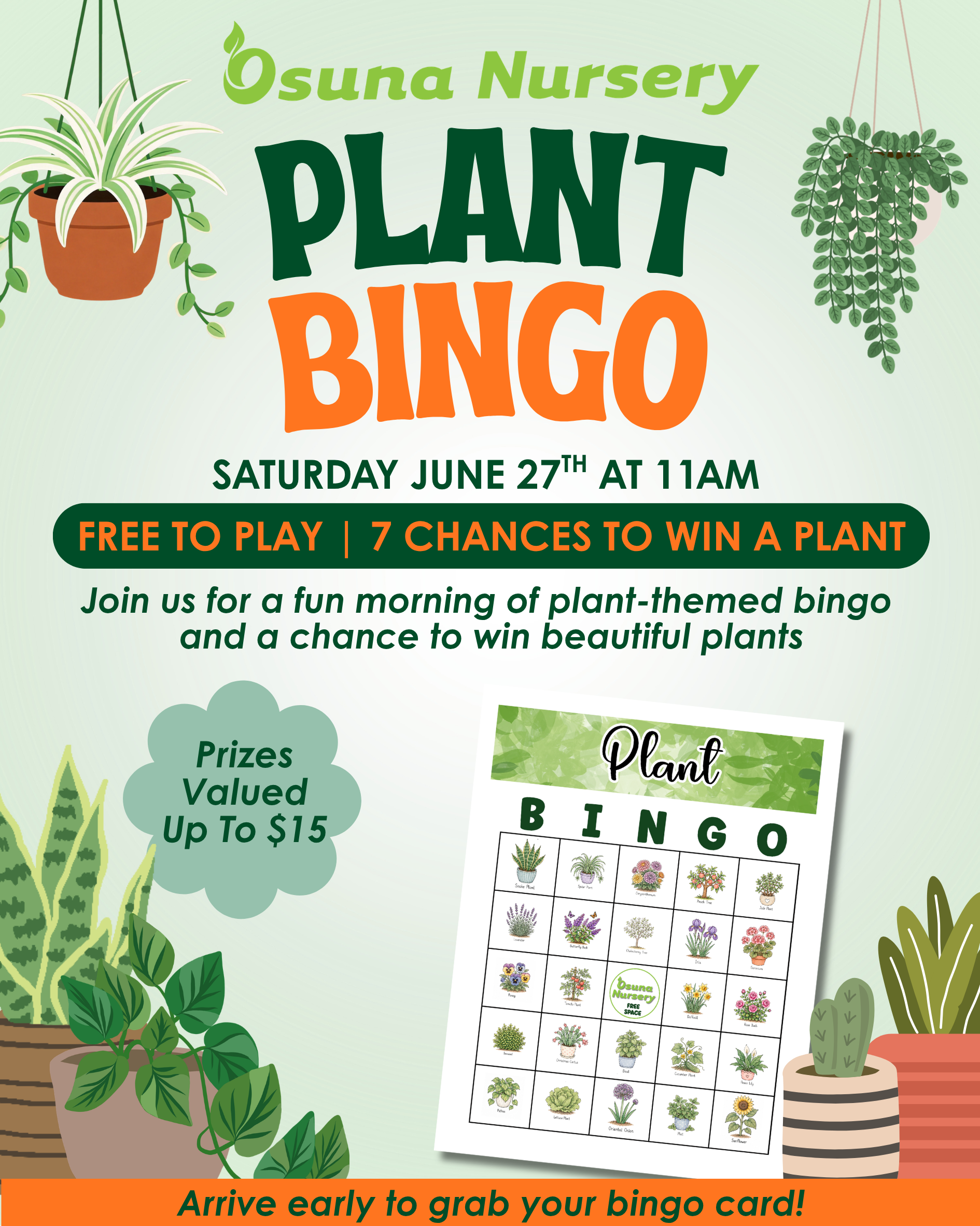 Flyer for Plant Bingo at Osuna Nursery on Saturday, June 27.
