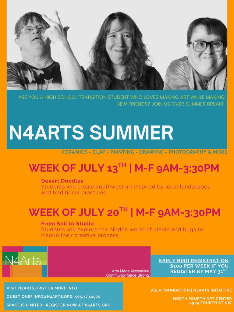 Three students sit side by side, their faces blurred, promoting N4Arts summer art programs for high school transition students.