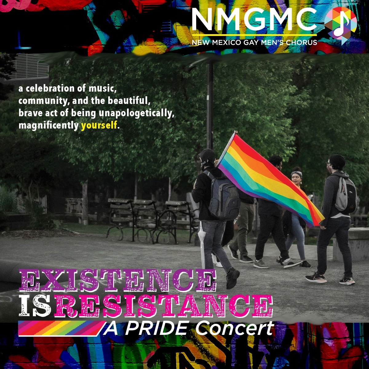 Group of people walking outdoors, one holding a rainbow pride flag, promoting New Mexico Gay Men's Chorus Pride concert.