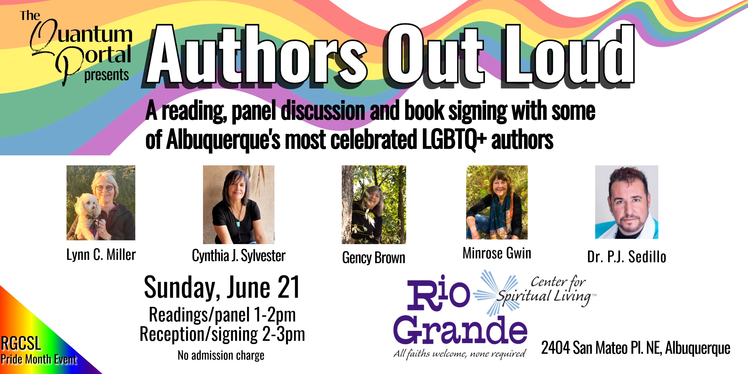 Poster for Authors Out Loud event featuring LGBTQ+ authors from Albuquerque with photos and event details on June 21 at Rio Grande Center for Spiritual Living.