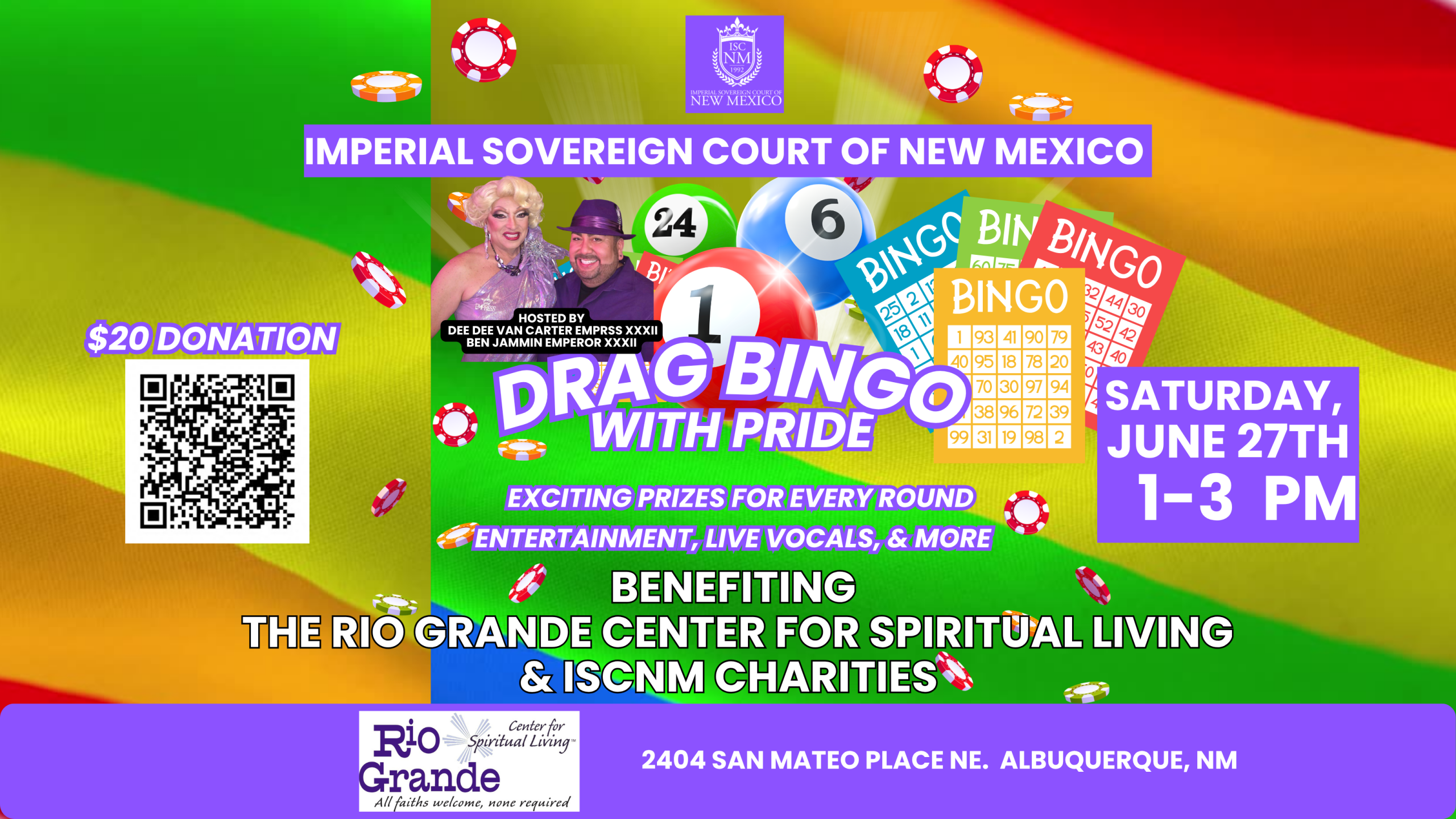 Colorful flyer for Drag Bingo with Pride event on June 27, 1-3 PM, benefiting Rio Grande Center and ISCMN charities in Albuquerque.