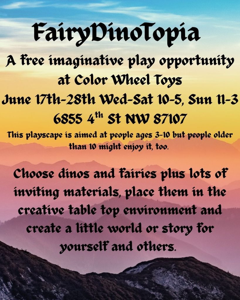 Flyer for FairyDinoTopia with event details overlayed on an image of a mountain landscape at sunset.
