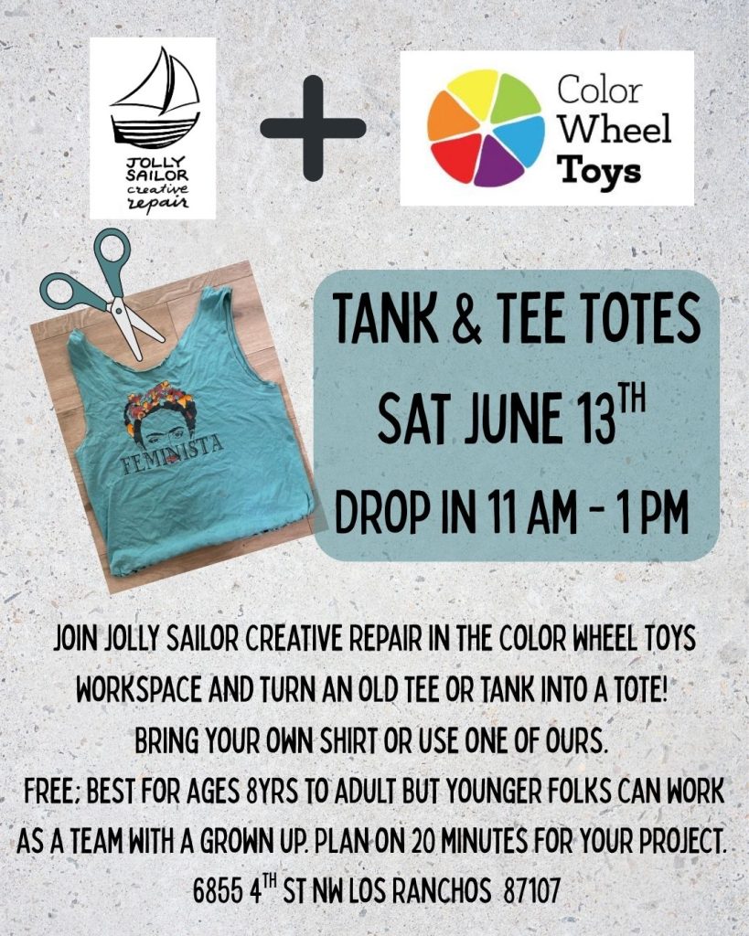 Flyer for Tank and Tee Totes event with details and a photo of a shirt cut into the shape of a tote bag.