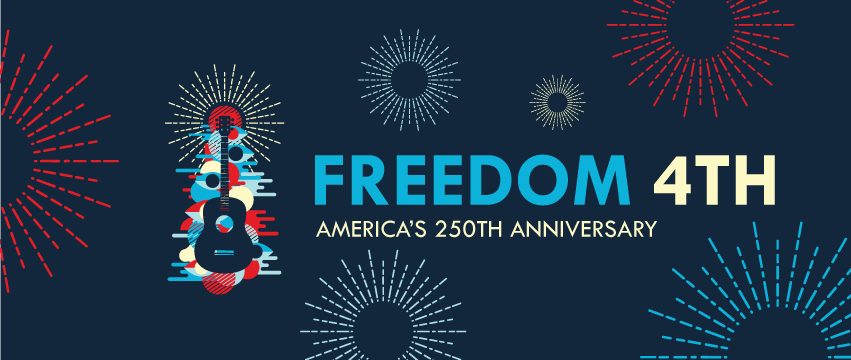 Graphic of a guitar with red, white, and blue elements surrounded by fireworks celebrating America's 250th anniversary on the 4th of July.