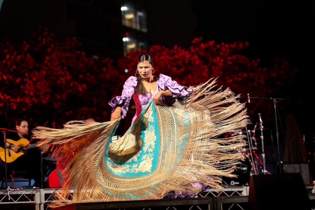 Flamenco dancer in a purple dress performing with a large fringed shawl on stage at night.
