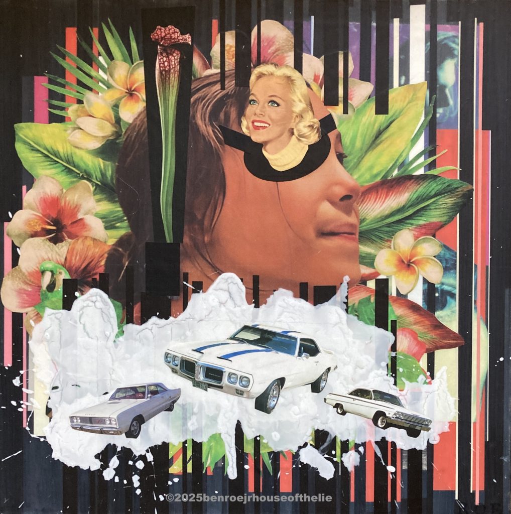 Collage featuring a woman's face with a vintage blonde figure, surrounded by tropical flowers and three classic muscle cars on a white splash background.