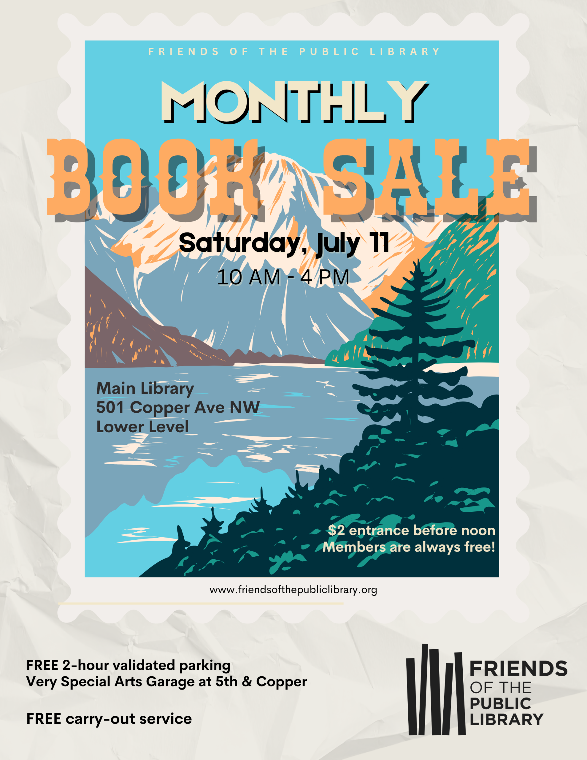 Poster for a monthly book sale at the Main Library on July 11 from 10 AM to 4 PM with mountain and lake illustration.