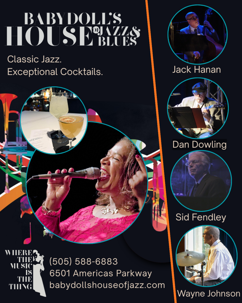 Female jazz singer passionately performing with microphone at Babydoll's House of Jazz & Blues.