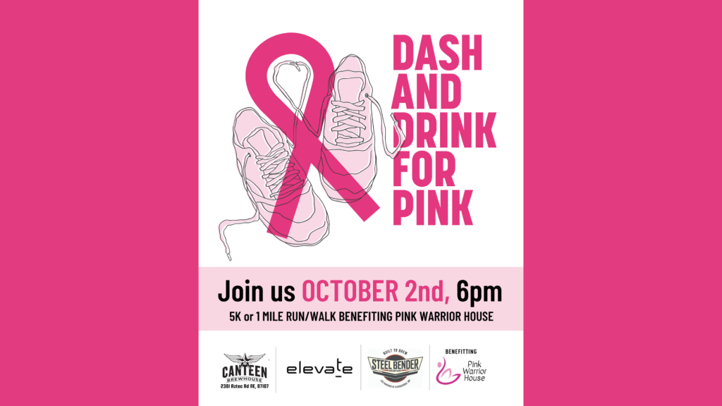Pink ribbon over running shoes promoting a 5K and 1-mile run/walk on October 2nd at 6pm benefiting Pink Warrior House.