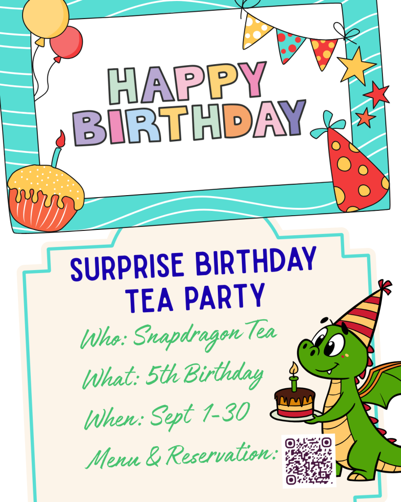 Colorful Happy Birthday banner with balloons, cupcake, party hat, and a dragon holding a cake for a surprise tea party event.