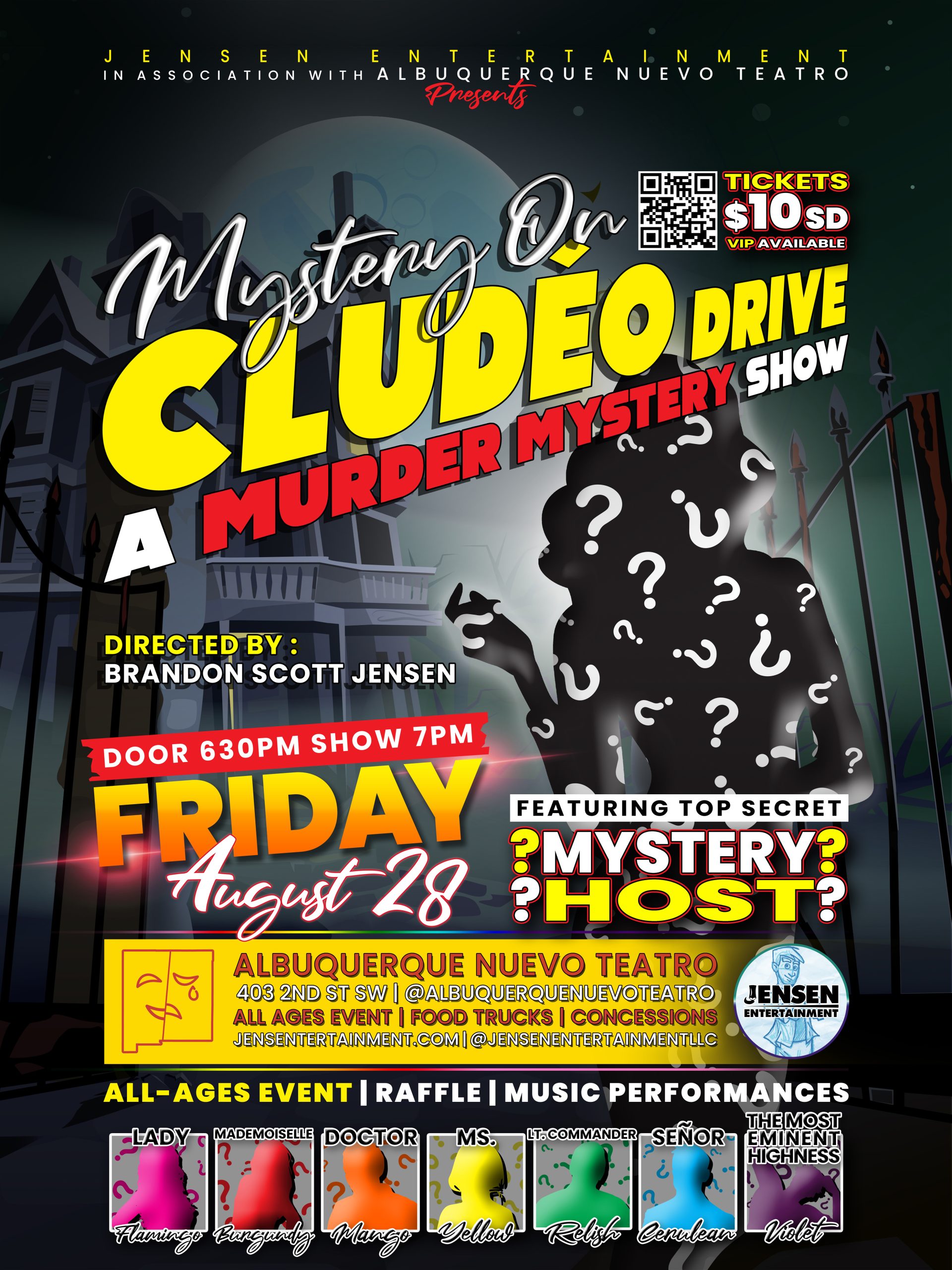Poster for 'Mystery On Cludeo,' a murder mystery drive show on Friday, August 28, at Albuquerque Nuevo Teatro with a secret mystery host.