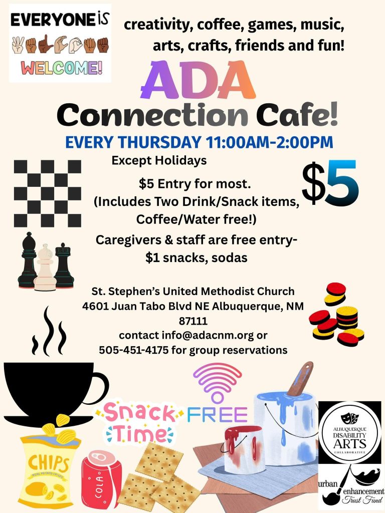 Flyer for ADA Connection Cafe at St. Stephen's Church offering creativity, games, music, snacks, and coffee every Thursday 11AM-2PM for $5 entry.