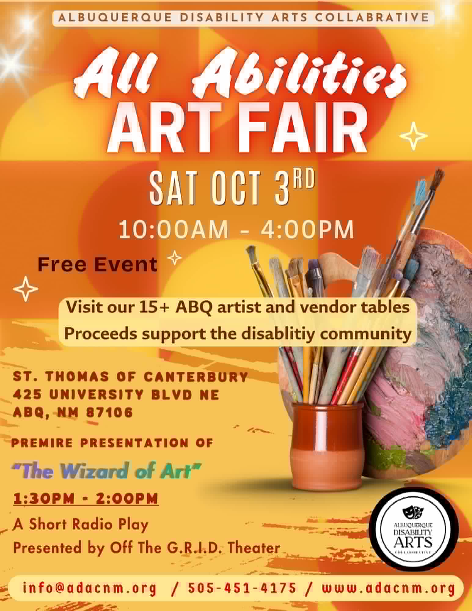 Poster for All Abilities Art Fair on Oct 3rd, 10AM-4PM, featuring 15+ Albuquerque artists, supporting the disability community with free entry.