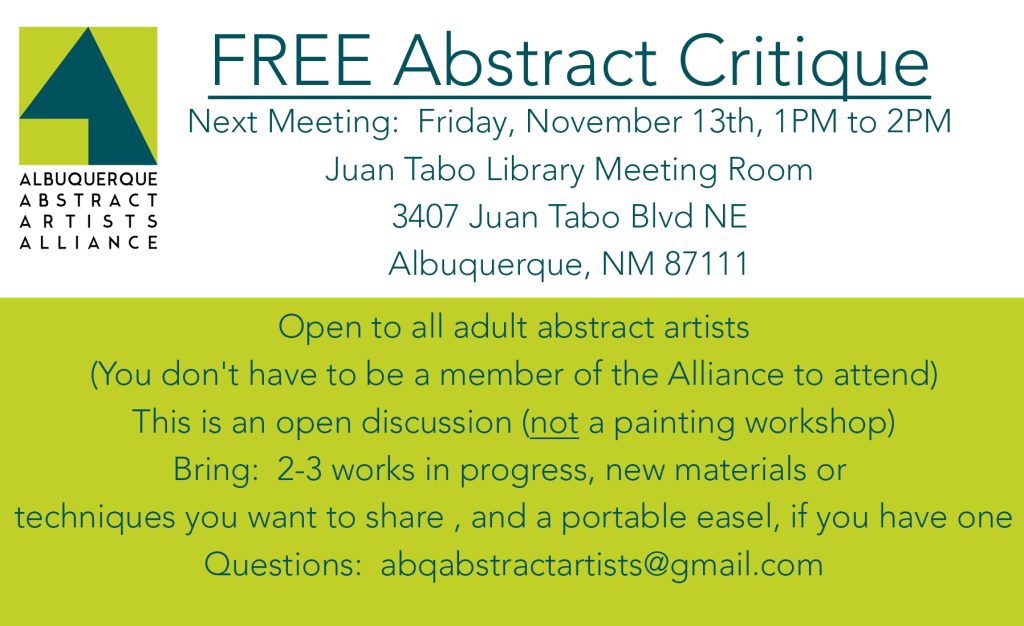 Flyer for a free abstract art critique meeting at Juan Tabo Library in Albuquerque on November 13th from 1 to 2 PM, open to all adult abstract artists.