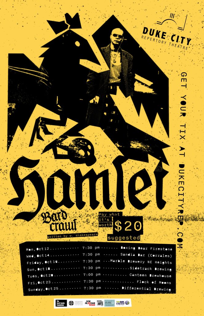 Poster for Duke City Repertory Theatre's Hamlet featuring a stylized black horse and a man in sunglasses against a yellow background.