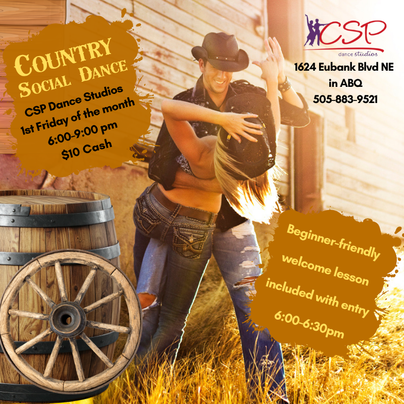 Couple dancing country style outdoors near wooden wall and barrels, promoting CSP Dance Studios' monthly social dance event in Albuquerque.