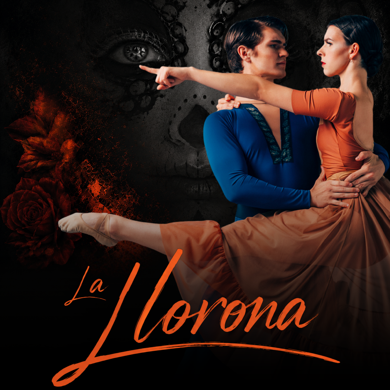 A male and female ballet dancer in a dramatic pose with a dark, haunting face and red roses in the background for La Llorona.