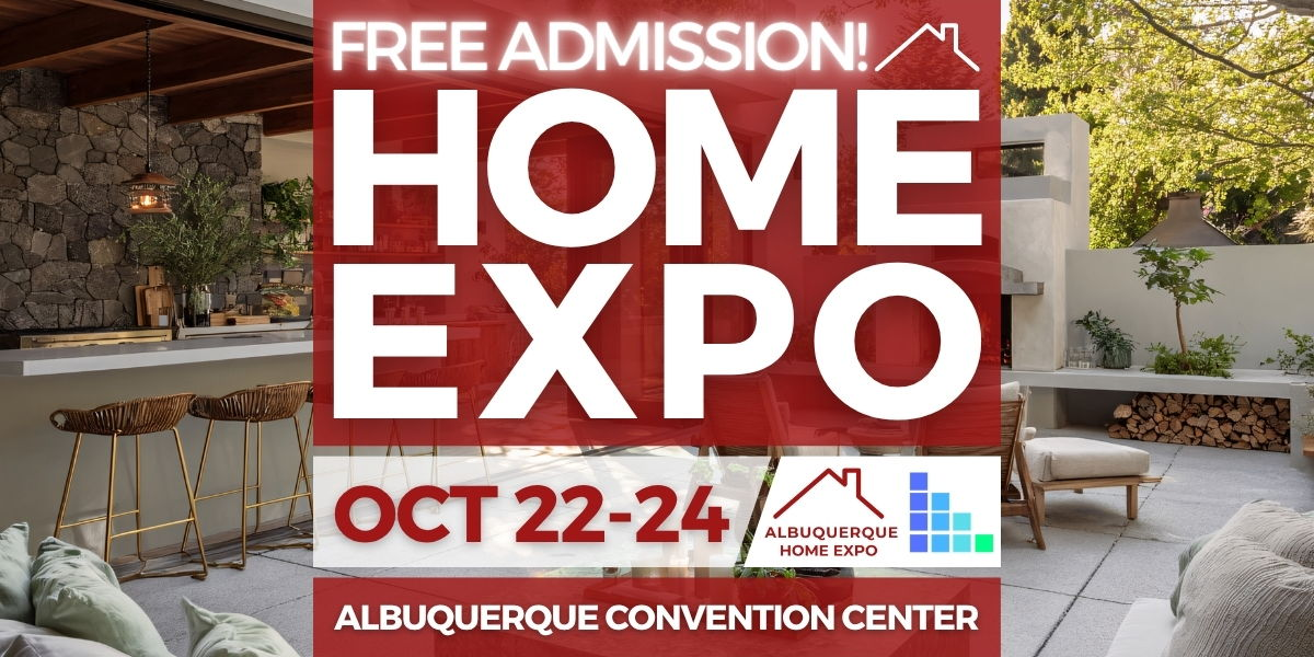 Modern outdoor patio with stone walls and wooden furniture promoting free admission to the Home Expo at Albuquerque Convention Center Oct 22-24.