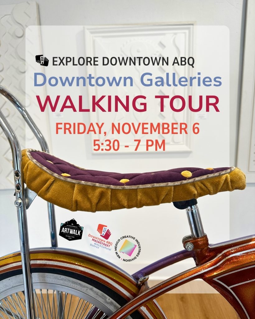 Close-up of a vintage bicycle seat with colorful upholstery in an art gallery promoting Downtown ABQ Galleries Walking Tour on November 6 from 5:30 to 7 PM.