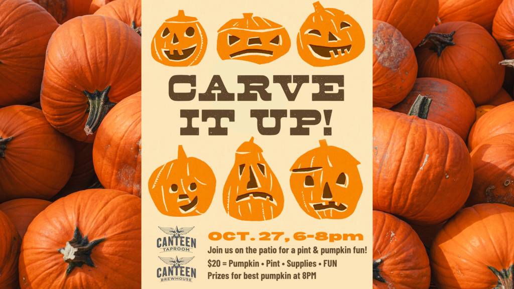 Halloween pumpkin-carving event poster reading “CARVE IT UP!” surrounded by orange pumpkins.
