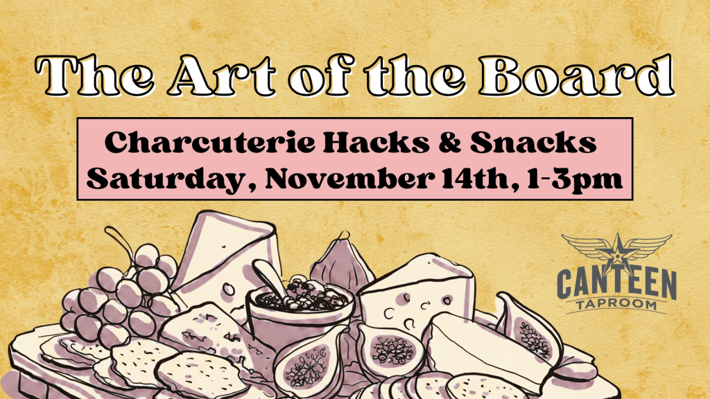 Illustration of a charcuterie board with grapes, cheese, figs, and nuts promoting a November 14th charcuterie hacks and snacks event.