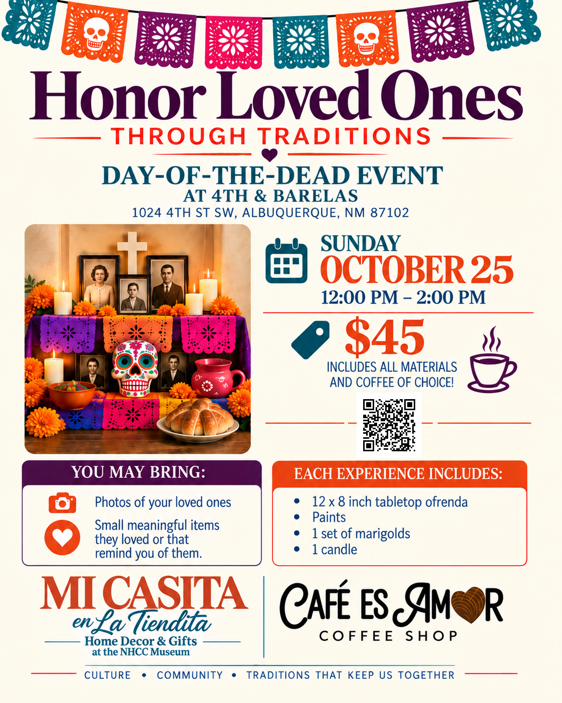 Colorful Day of the Dead altar with photos, marigolds, candles, sugar skull, and traditional bread for a cultural event in Albuquerque.