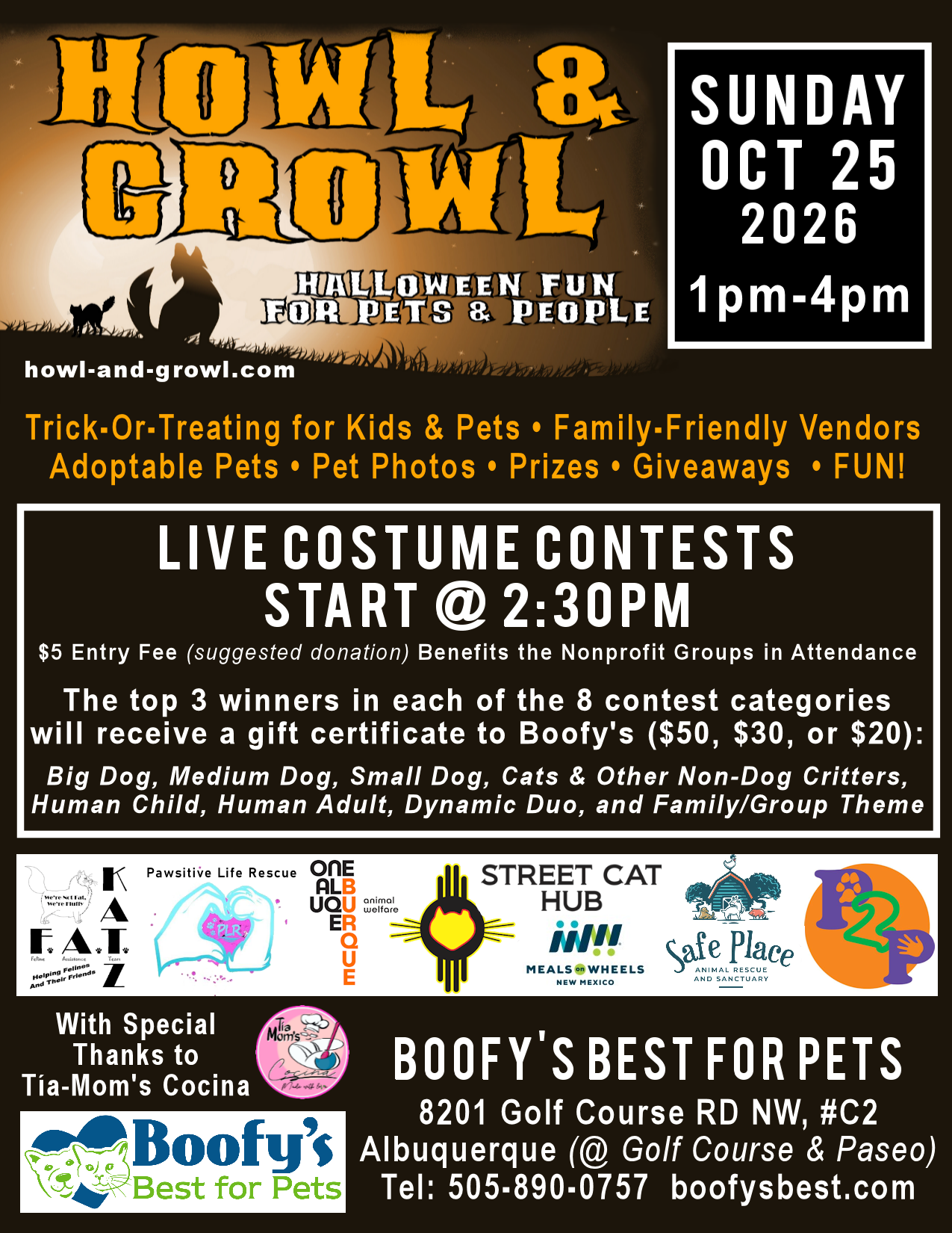 Halloween event Howl & Growl on Oct 25, 2026, 1-4pm, with pet-friendly activities and costume contests at Boofy's Best for Pets in Albuquerque.