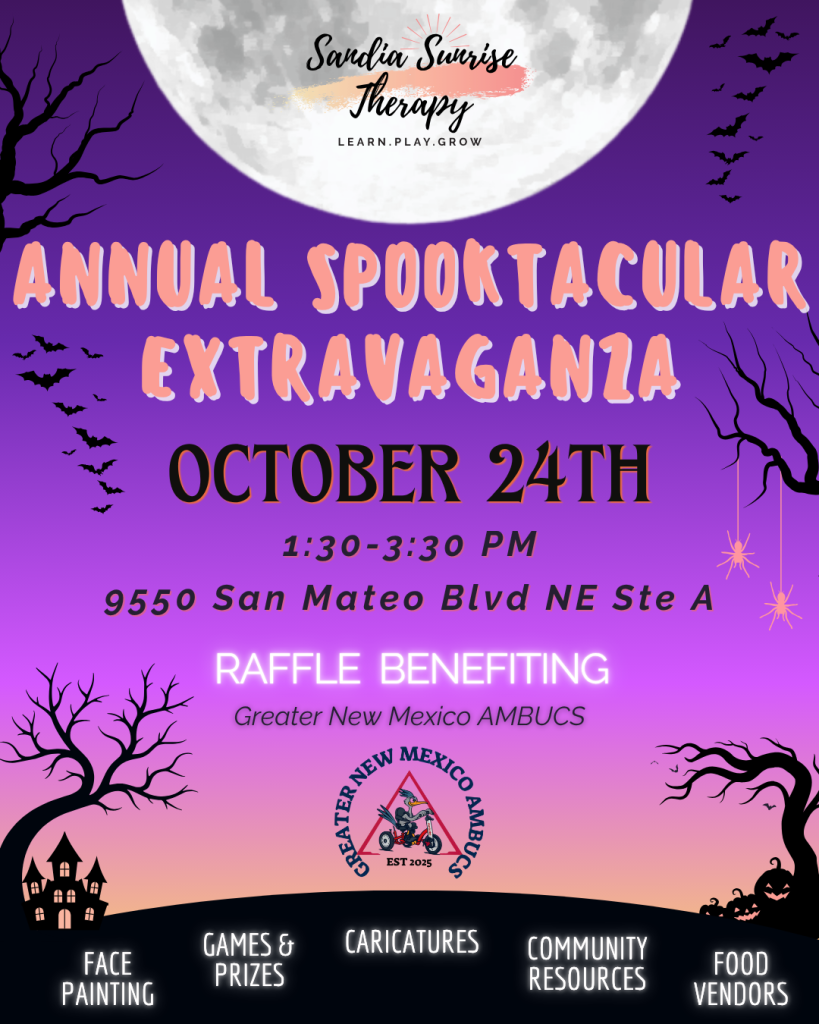 Halloween-themed flyer for Sandia Sunrise Therapy's Annual Spooktacular Extravaganza on October 24th from 1:30-3:30 PM with games, prizes, and food.