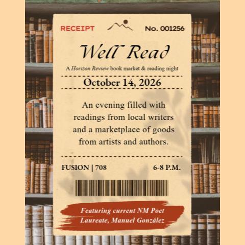 Vintage receipt-style poster for “Well Read,” a book market and reading night on October 14, 2026, displayed in front of bookshelves.