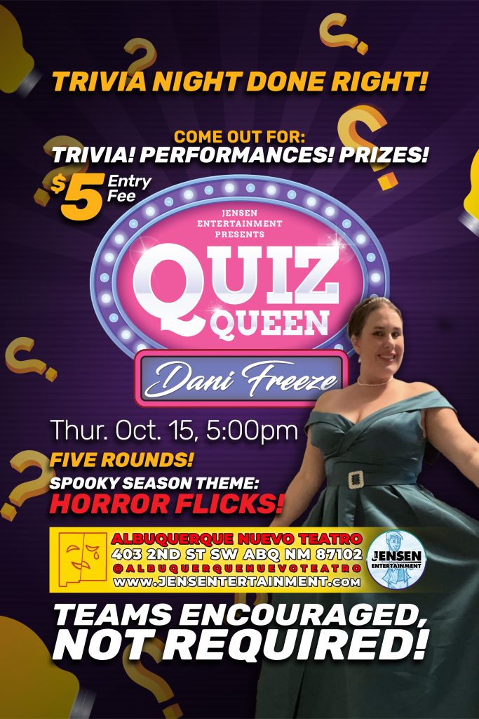 Promotional poster for “Quiz Queen,” a drag-queen trivia night featuring prizes, themed rounds, and a performer in a teal dress